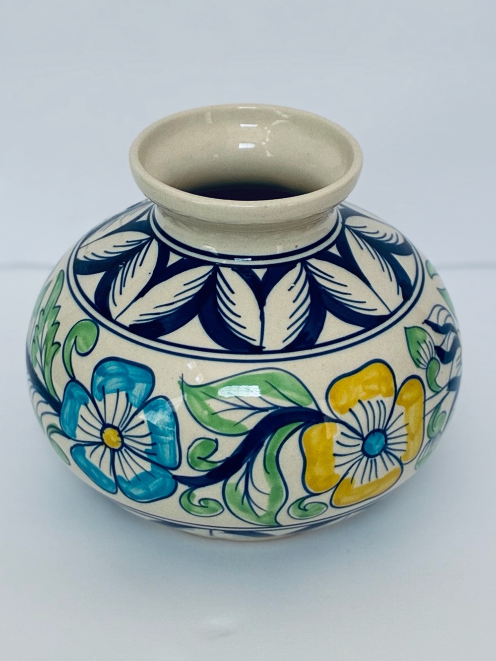 Vintage Hand Painted Vase Made In Italy Geometrico Blue/Yellow Floral 6”